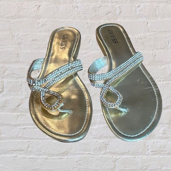 Guess Women's Gold - Rhinestone - Beaded Flat Sandals Size 8/12 - Picture 1 of 11